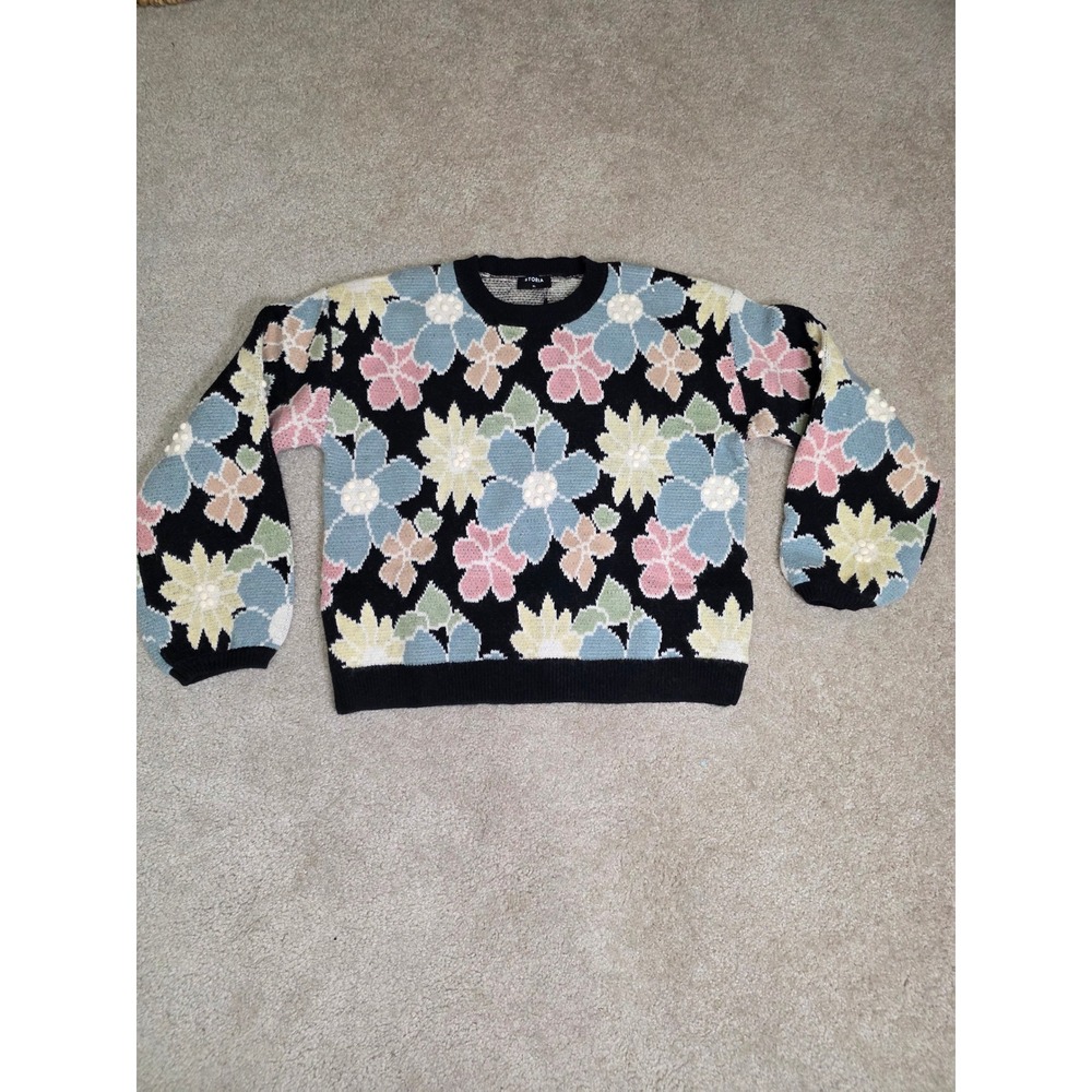 Storia Floral Knit Sweater XL Black Pastel Blue Pink Yellow Bobble Crewneck NEW